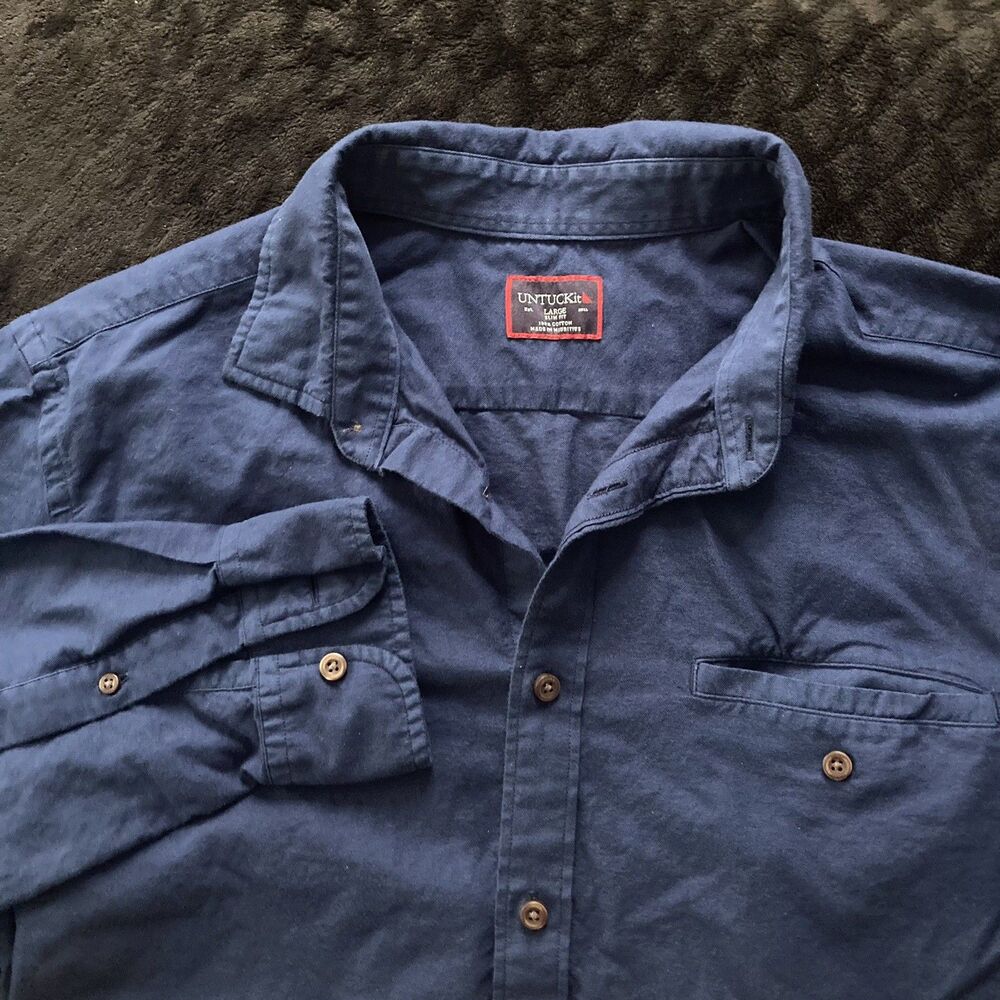 UNTUCKit St Chamant Shirt Mens L Button Up Navy Cotton Long Sleeve